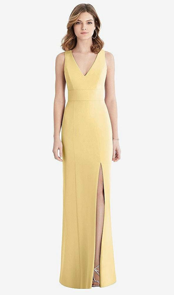 【STYLE: 1513】Criss Cross Back Trumpet Gown with Front Slit【COLOR: Buttercup】