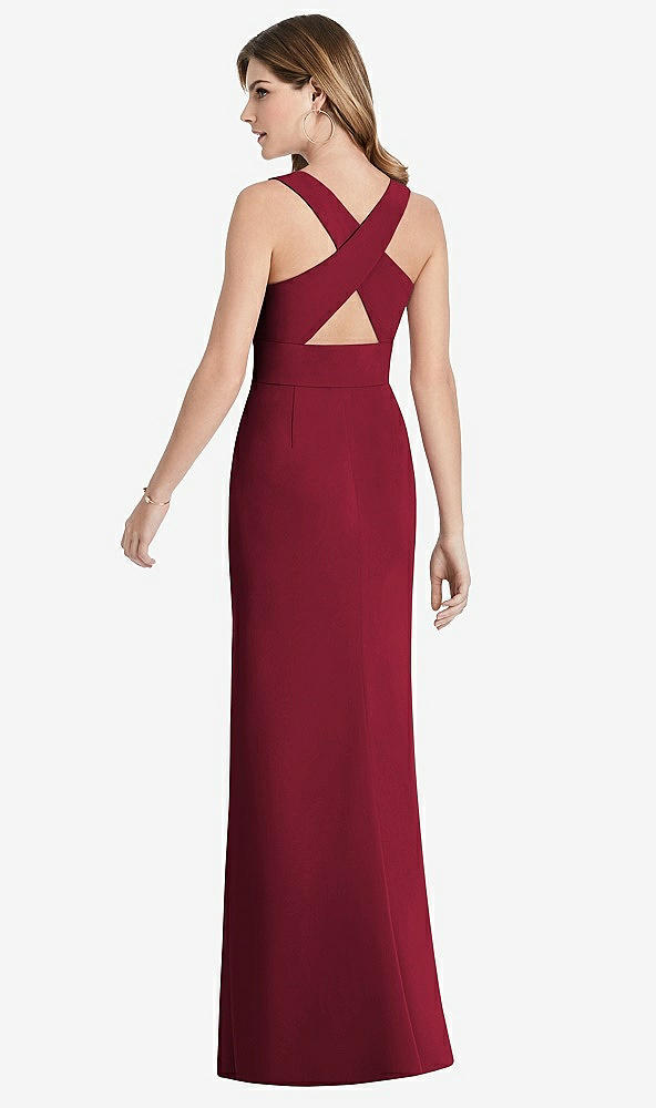 【STYLE: 1513】Criss Cross Back Trumpet Gown with Front Slit【COLOR: Burgundy】