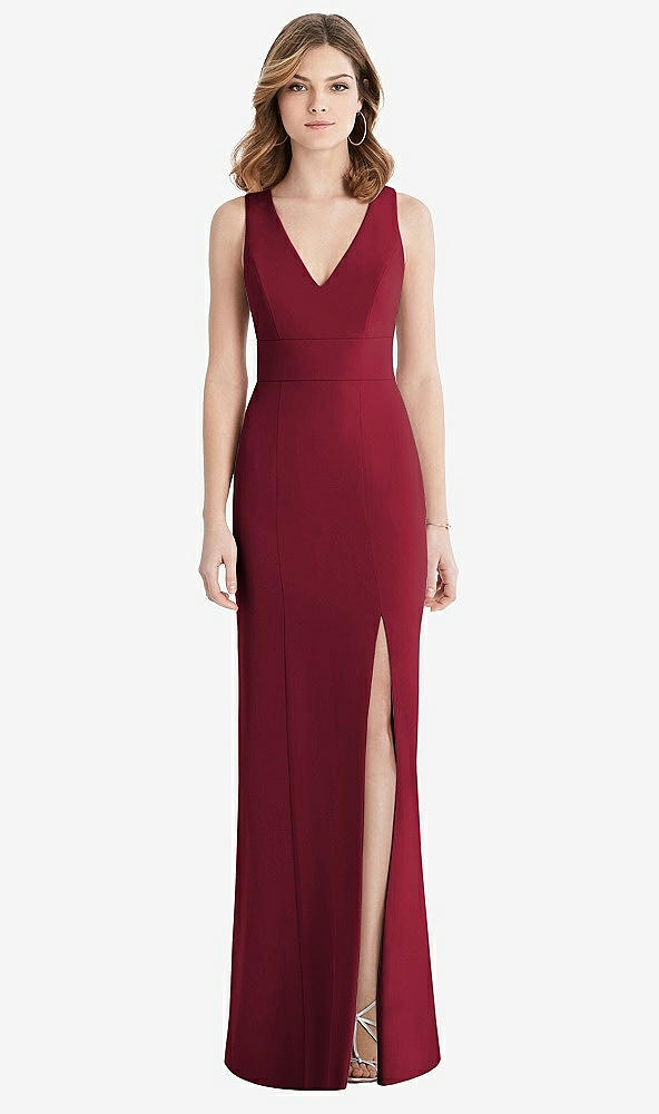 【STYLE: 1513】Criss Cross Back Trumpet Gown with Front Slit【COLOR: Burgundy】