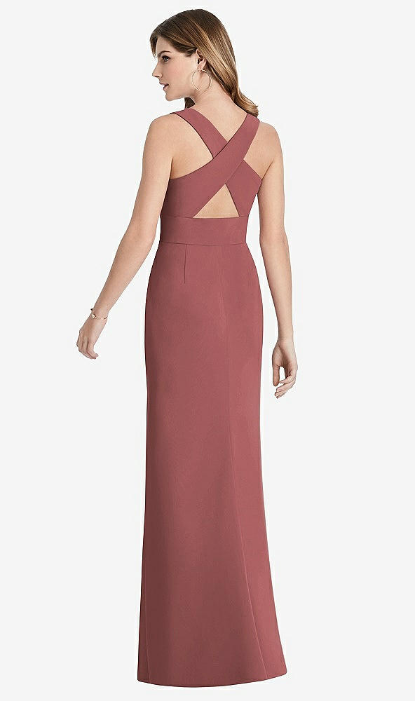 【STYLE: 1513】Criss Cross Back Trumpet Gown with Front Slit【COLOR: English Rose】