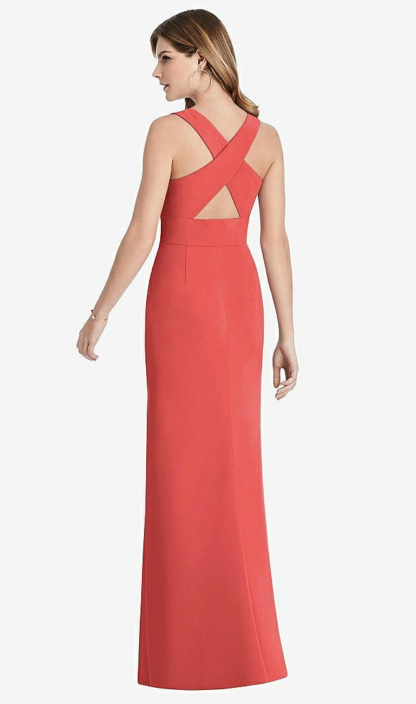 【STYLE: 1513】Criss Cross Back Trumpet Gown with Front Slit【COLOR: Perfect Coral】