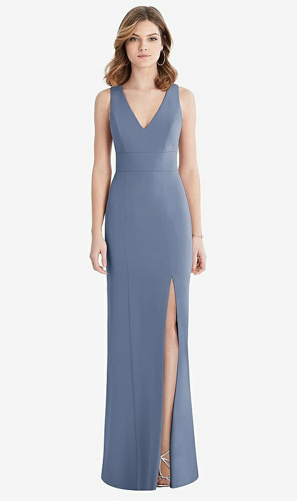 【STYLE: 1513】Criss Cross Back Trumpet Gown with Front Slit【COLOR: Larkspur Blue】
