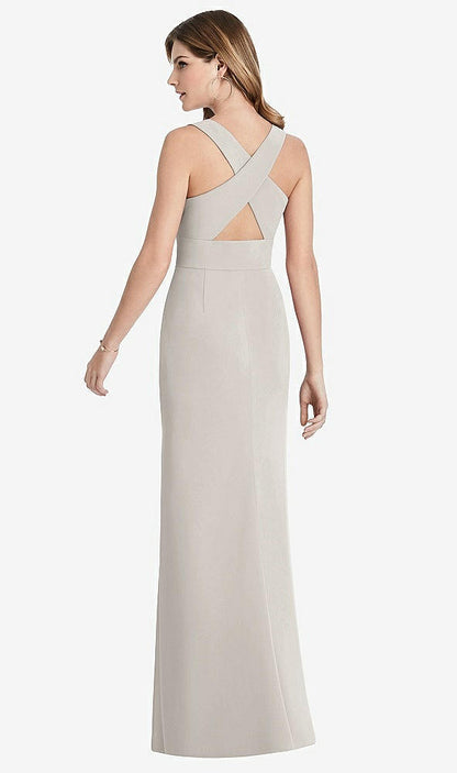 【STYLE: 1513】Criss Cross Back Trumpet Gown with Front Slit【COLOR: Oyster】