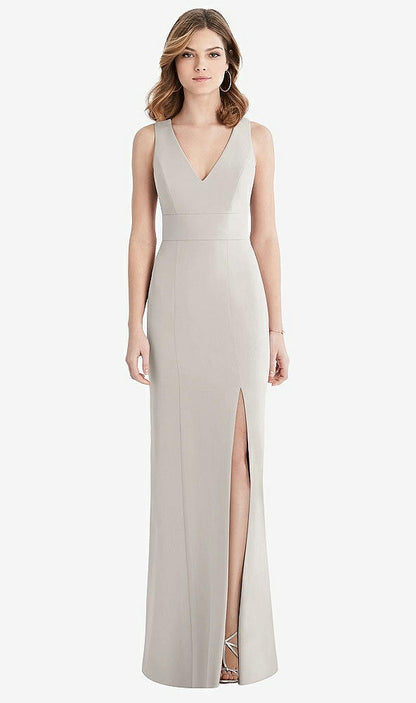 【STYLE: 1513】Criss Cross Back Trumpet Gown with Front Slit【COLOR: Oyster】