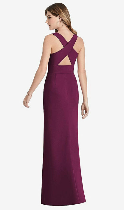【STYLE: 1513】Criss Cross Back Trumpet Gown with Front Slit【COLOR: Ruby】