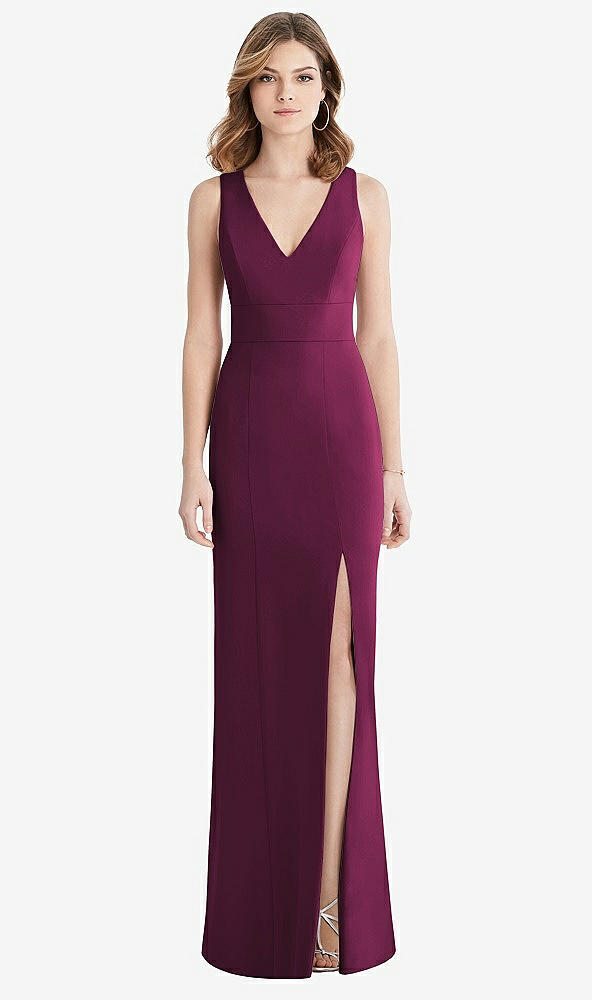 【STYLE: 1513】Criss Cross Back Trumpet Gown with Front Slit【COLOR: Ruby】