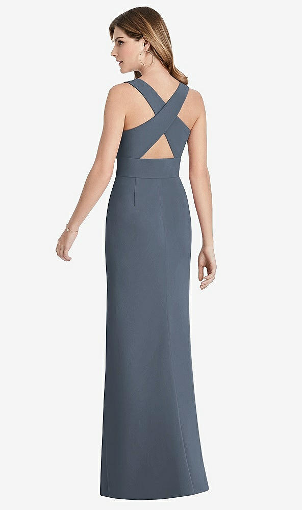 【STYLE: 1513】Criss Cross Back Trumpet Gown with Front Slit【COLOR: Silverstone】