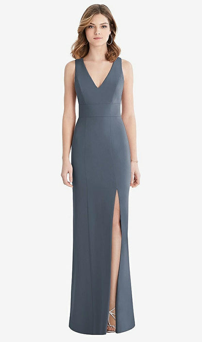 【STYLE: 1513】Criss Cross Back Trumpet Gown with Front Slit【COLOR: Silverstone】