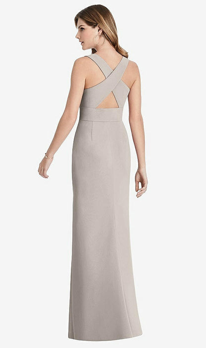 【STYLE: 1513】Criss Cross Back Trumpet Gown with Front Slit【COLOR: Taupe】