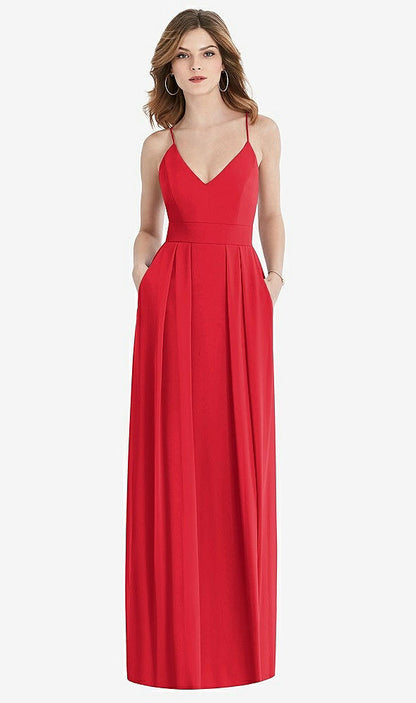 【STYLE: 1514】Pleated Skirt Crepe Maxi Dress with Pockets【COLOR: Parisian Red】