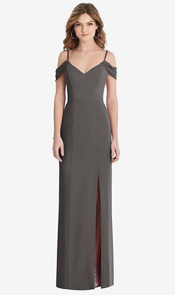 【STYLE: 1517】Off-the-Shoulder Chiffon Trumpet Gown with Front Slit【COLOR: Caviar Gray】