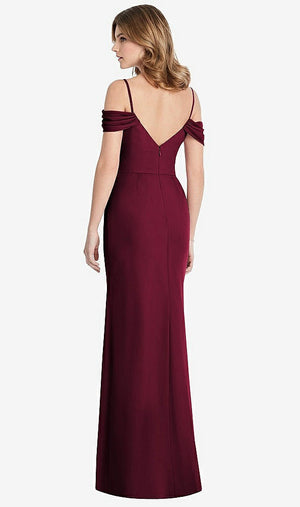 【NEW】【STYLE: 1517】オフショルダー シフォン トランペット ガウン 前面 スリット【COLOR: Cabernet】【SIZE: 00-30W】