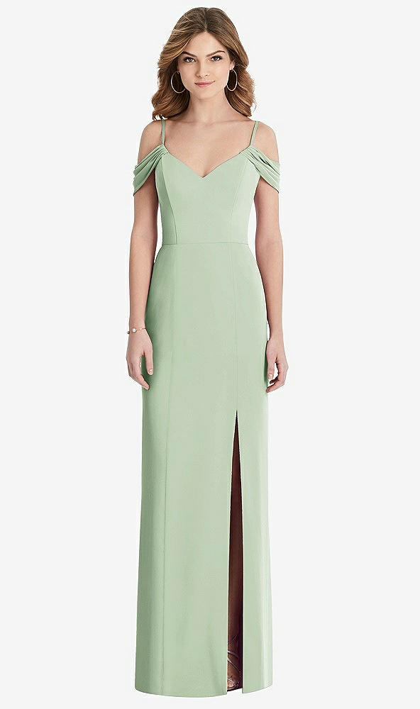 【STYLE: 1517】Off-the-Shoulder Chiffon Trumpet Gown with Front Slit【COLOR: Celadon】