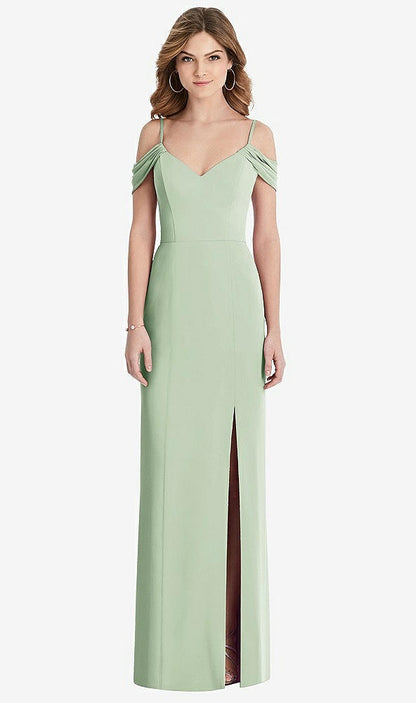 【STYLE: 1517】Off-the-Shoulder Chiffon Trumpet Gown with Front Slit【COLOR: Celadon】