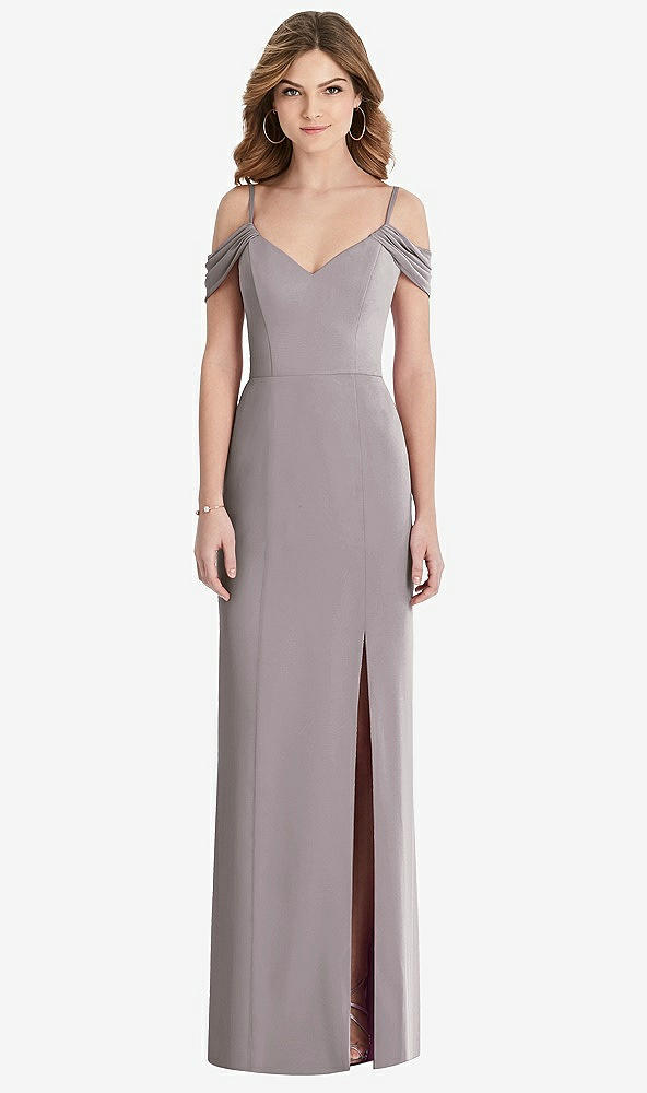 【STYLE: 1517】Off-the-Shoulder Chiffon Trumpet Gown with Front Slit【COLOR: Cashmere Gray】