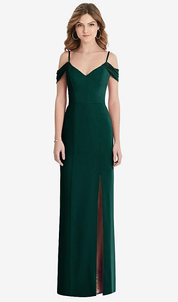 【STYLE: 1517】Off-the-Shoulder Chiffon Trumpet Gown with Front Slit【COLOR: Evergreen】