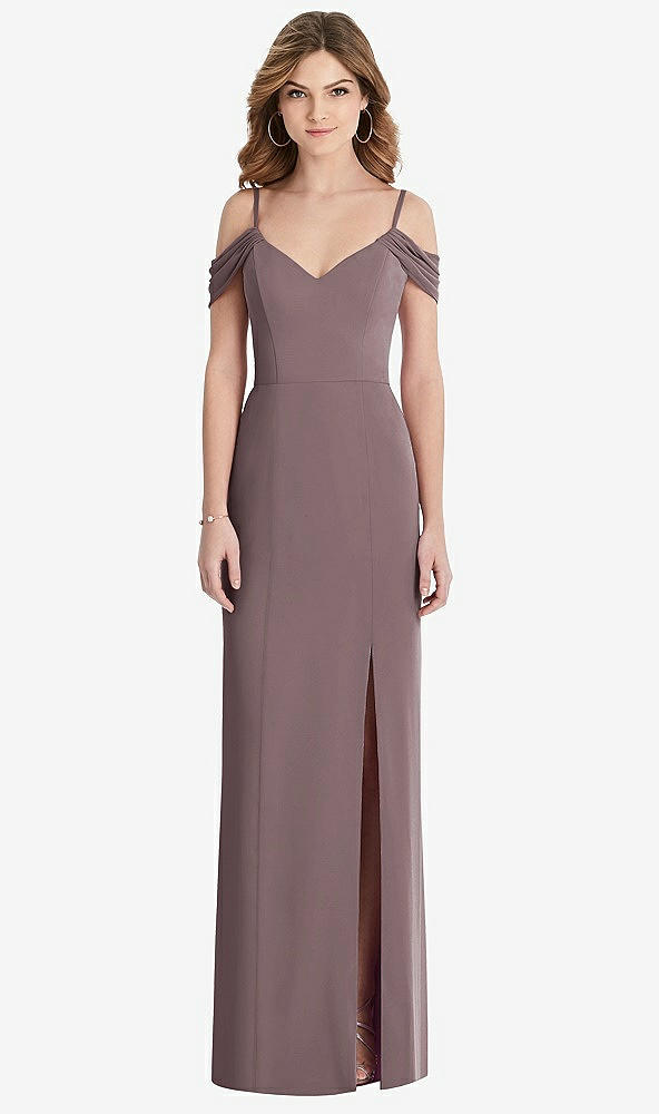 【STYLE: 1517】Off-the-Shoulder Chiffon Trumpet Gown with Front Slit【COLOR: French Truffle】