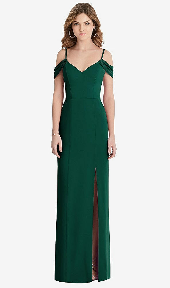【STYLE: 1517】Off-the-Shoulder Chiffon Trumpet Gown with Front Slit【COLOR: Hunter Green】