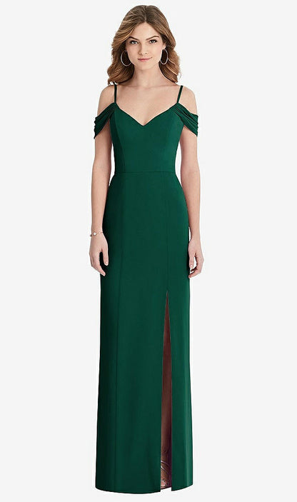 【STYLE: 1517】Off-the-Shoulder Chiffon Trumpet Gown with Front Slit【COLOR: Hunter Green】