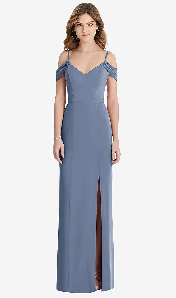 【STYLE: 1517】Off-the-Shoulder Chiffon Trumpet Gown with Front Slit【COLOR: Larkspur Blue】