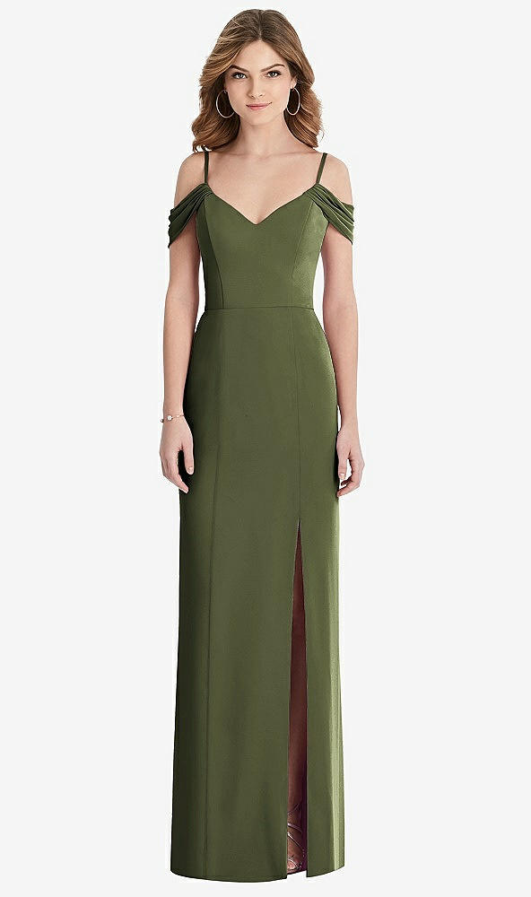 【STYLE: 1517】Off-the-Shoulder Chiffon Trumpet Gown with Front Slit【COLOR: Olive Green】