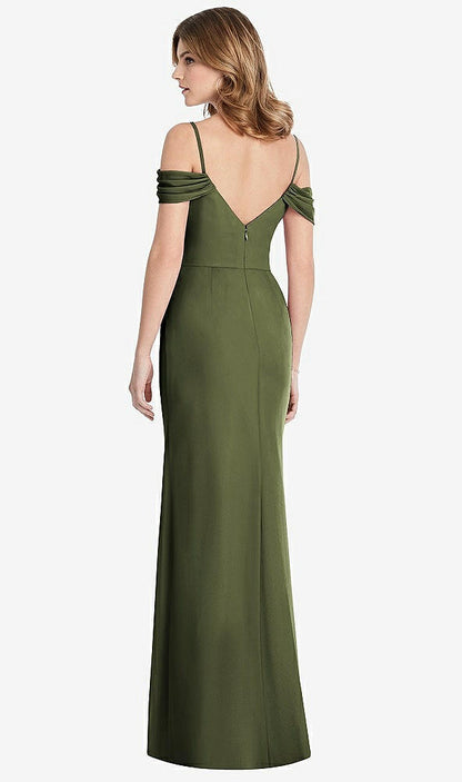 【STYLE: 1517】Off-the-Shoulder Chiffon Trumpet Gown with Front Slit【COLOR: Olive Green】