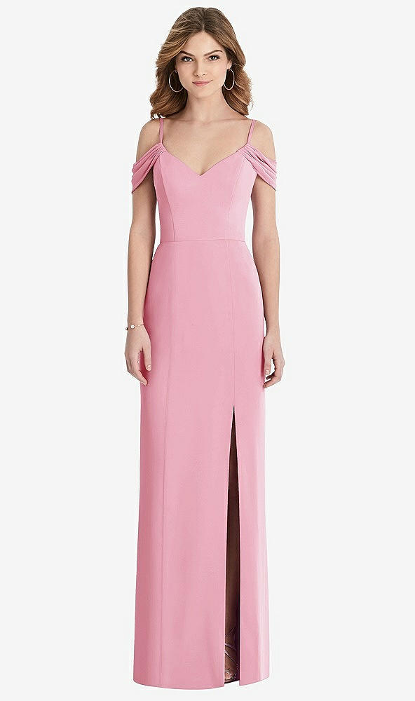 【STYLE: 1517】Off-the-Shoulder Chiffon Trumpet Gown with Front Slit【COLOR: Peony Pink】