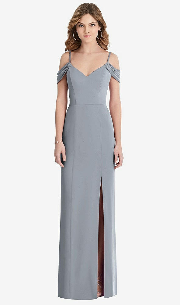 【STYLE: 1517】Off-the-Shoulder Chiffon Trumpet Gown with Front Slit【COLOR: Platinum】