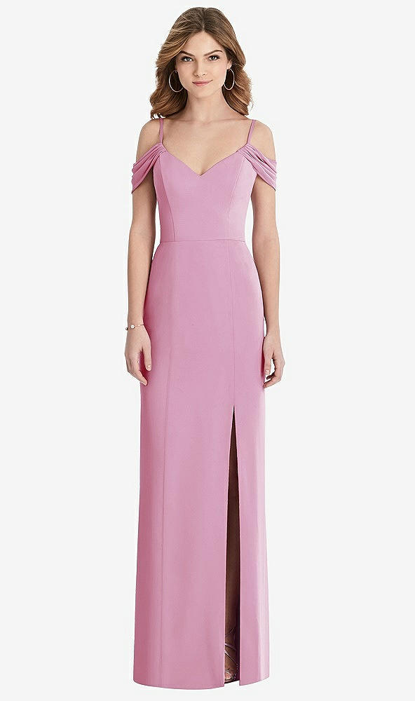 【STYLE: 1517】Off-the-Shoulder Chiffon Trumpet Gown with Front Slit【COLOR: Powder Pink】