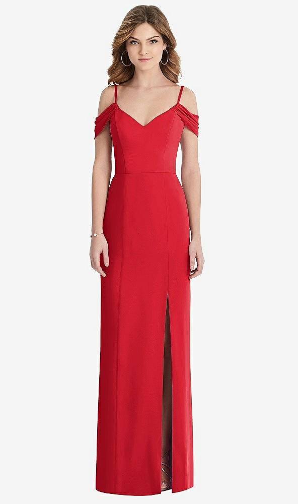 【STYLE: 1517】Off-the-Shoulder Chiffon Trumpet Gown with Front Slit【COLOR: Parisian Red】