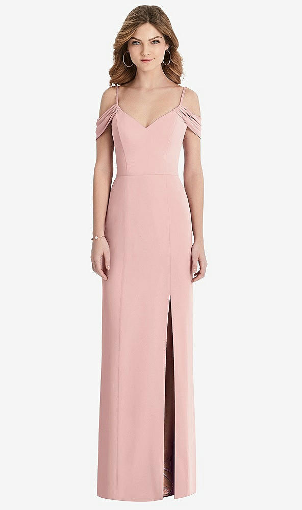 【STYLE: 1517】Off-the-Shoulder Chiffon Trumpet Gown with Front Slit【COLOR: Rose - PANTONE Rose Quartz】