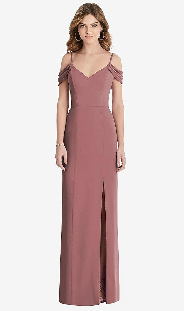 【STYLE: 1517】Off-the-Shoulder Chiffon Trumpet Gown with Front Slit【COLOR: Rosewood】
