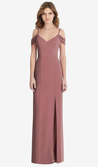 【STYLE: 1517】Off-the-Shoulder Chiffon Trumpet Gown with Front Slit【COLOR: Rosewood】