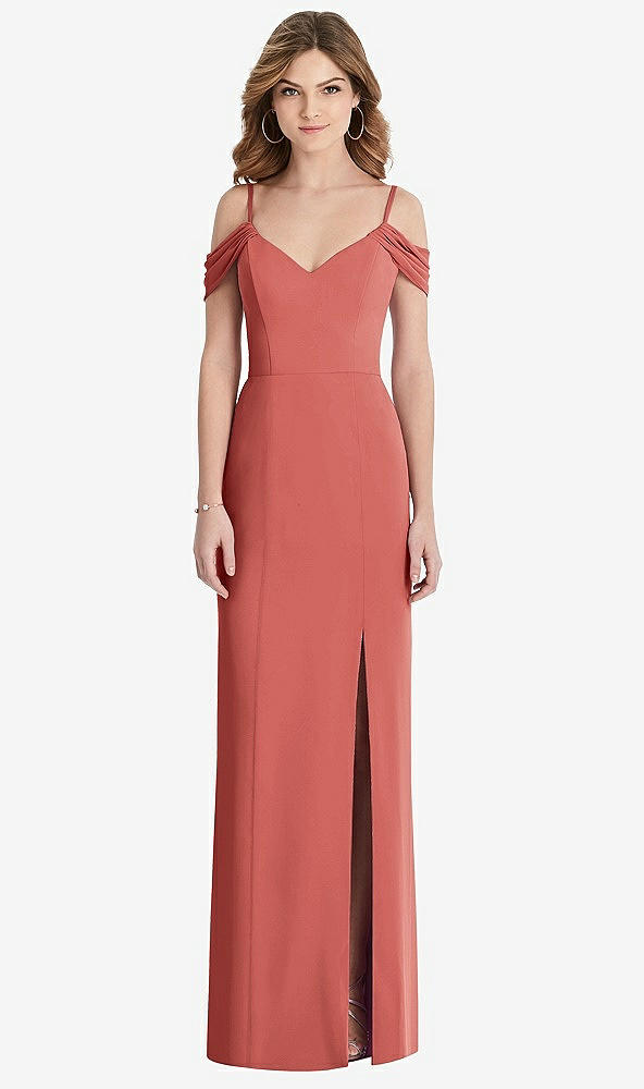 【STYLE: 1517】Off-the-Shoulder Chiffon Trumpet Gown with Front Slit【COLOR: Coral Pink】