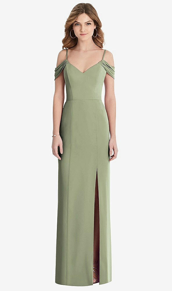 【STYLE: 1517】Off-the-Shoulder Chiffon Trumpet Gown with Front Slit【COLOR: Sage】