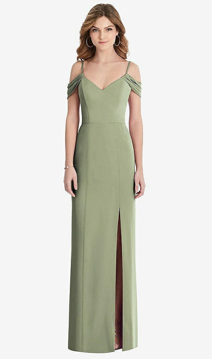 【STYLE: 1517】Off-the-Shoulder Chiffon Trumpet Gown with Front Slit【COLOR: Sage】