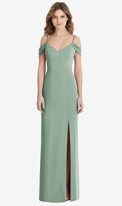 【STYLE: 1517】Off-the-Shoulder Chiffon Trumpet Gown with Front Slit【COLOR: Seagrass】