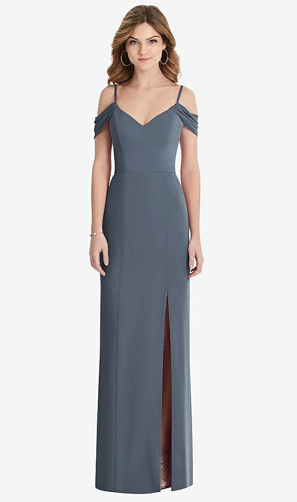【STYLE: 1517】Off-the-Shoulder Chiffon Trumpet Gown with Front Slit【COLOR: Silverstone】