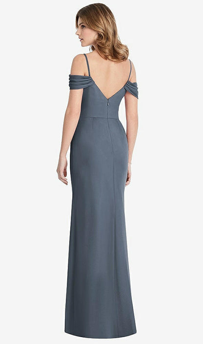 【STYLE: 1517】Off-the-Shoulder Chiffon Trumpet Gown with Front Slit【COLOR: Silverstone】
