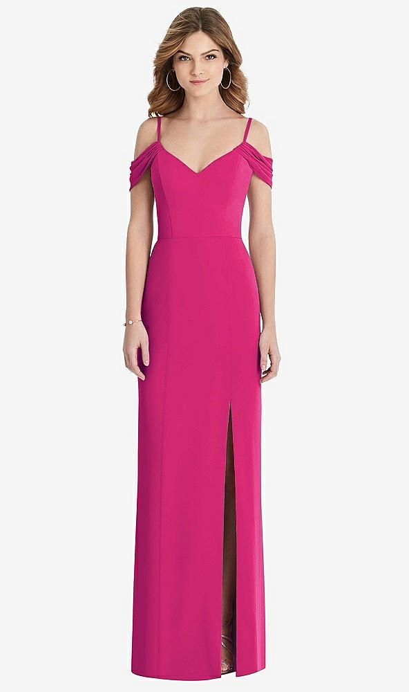 【STYLE: 1517】Off-the-Shoulder Chiffon Trumpet Gown with Front Slit【COLOR: Think Pink】