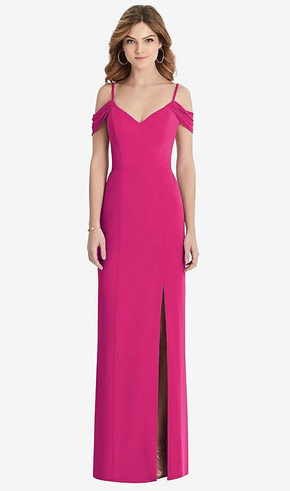 【STYLE: 1517】Off-the-Shoulder Chiffon Trumpet Gown with Front Slit【COLOR: Think Pink】