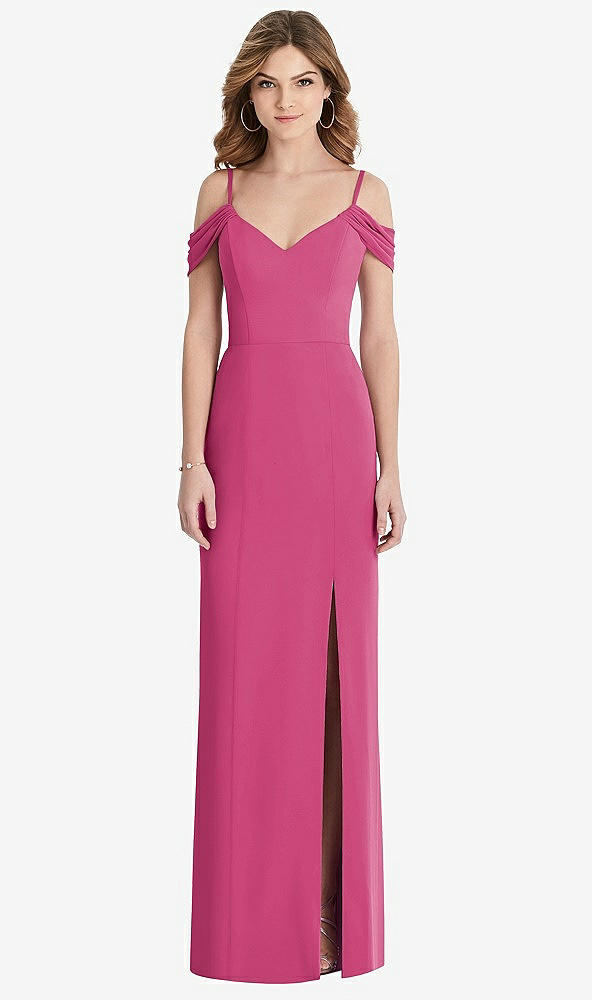 【STYLE: 1517】Off-the-Shoulder Chiffon Trumpet Gown with Front Slit【COLOR: Tea Rose】