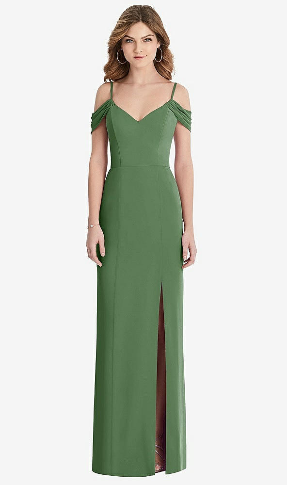 【STYLE: 1517】Off-the-Shoulder Chiffon Trumpet Gown with Front Slit【COLOR: Vineyard Green】