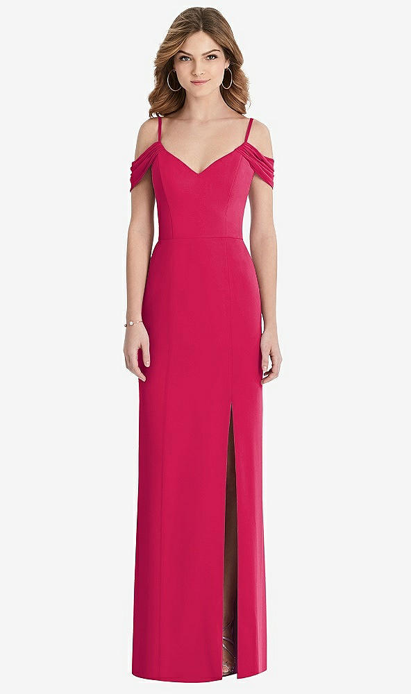 【STYLE: 1517】Off-the-Shoulder Chiffon Trumpet Gown with Front Slit【COLOR: Vivid Pink】