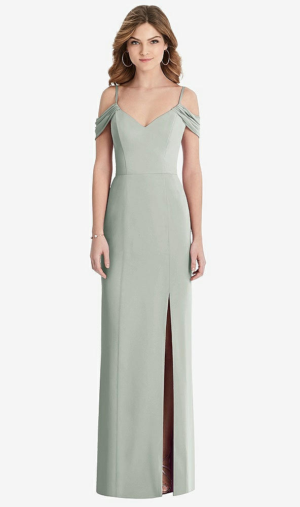 【STYLE: 1517】Off-the-Shoulder Chiffon Trumpet Gown with Front Slit【COLOR: Willow Green】