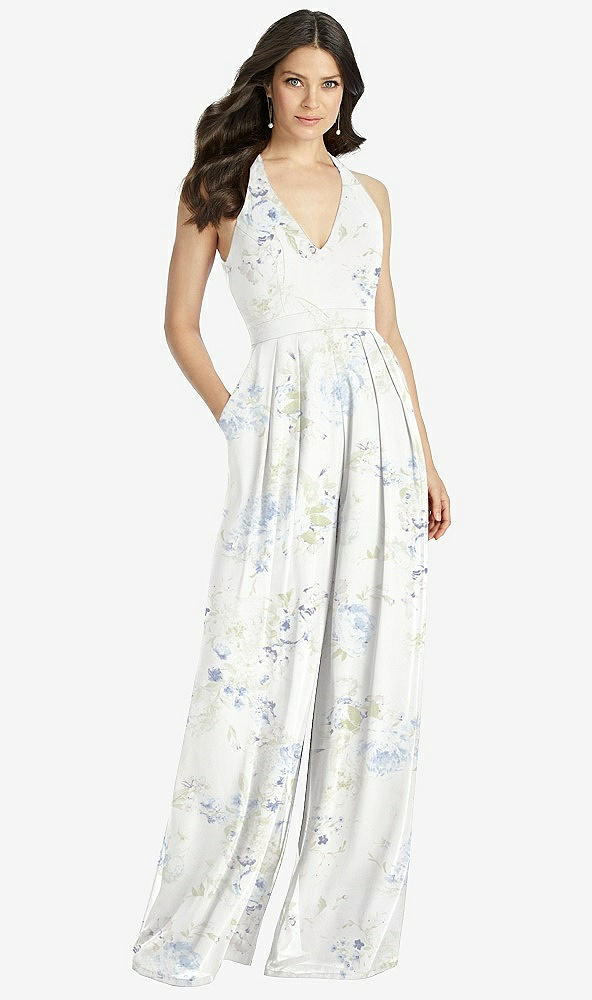 【STYLE: 3046】V-Neck Backless Pleated Front Jumpsuit【COLOR: Bleu Garden】