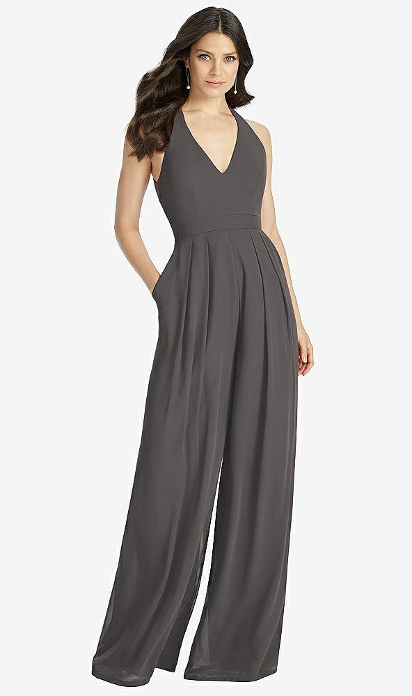 【STYLE: 3046】V-Neck Backless Pleated Front Jumpsuit【COLOR: Caviar Gray】