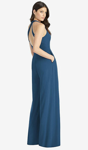【STYLE: 3046】V-Neck Backless Pleated Front Jumpsuit【COLOR: Dusk Blue】