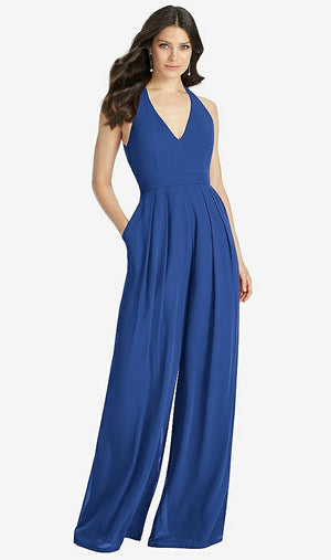 【STYLE: 3046】V-Neck Backless Pleated Front Jumpsuit【COLOR: Classic Blue】