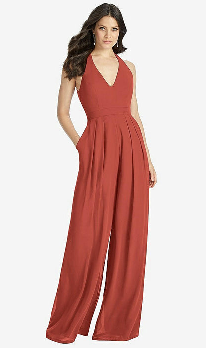 【STYLE: 3046】V-Neck Backless Pleated Front Jumpsuit【COLOR: Amber Sunset】